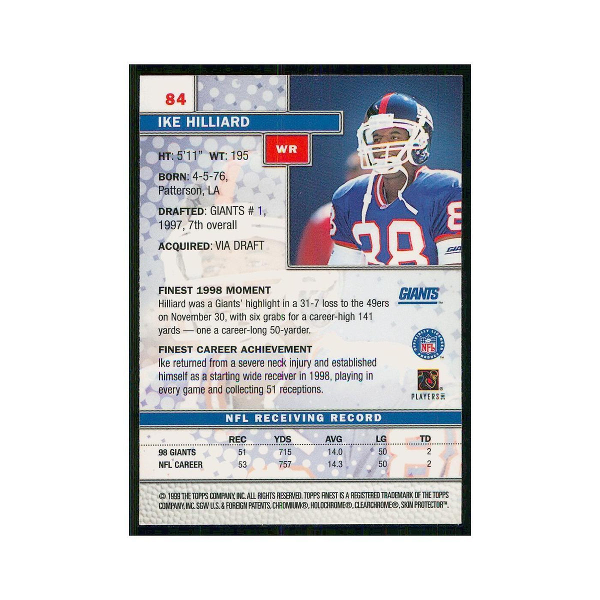 1999 Topps Finest w Coating Ike Hilliard Giants #84