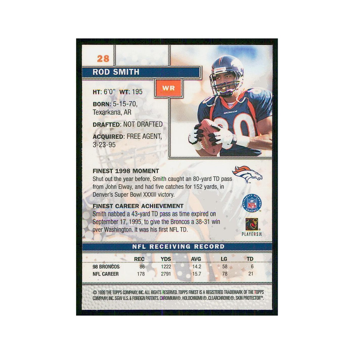 1999 Topps Finest w Coating Rod Smith Broncos #28