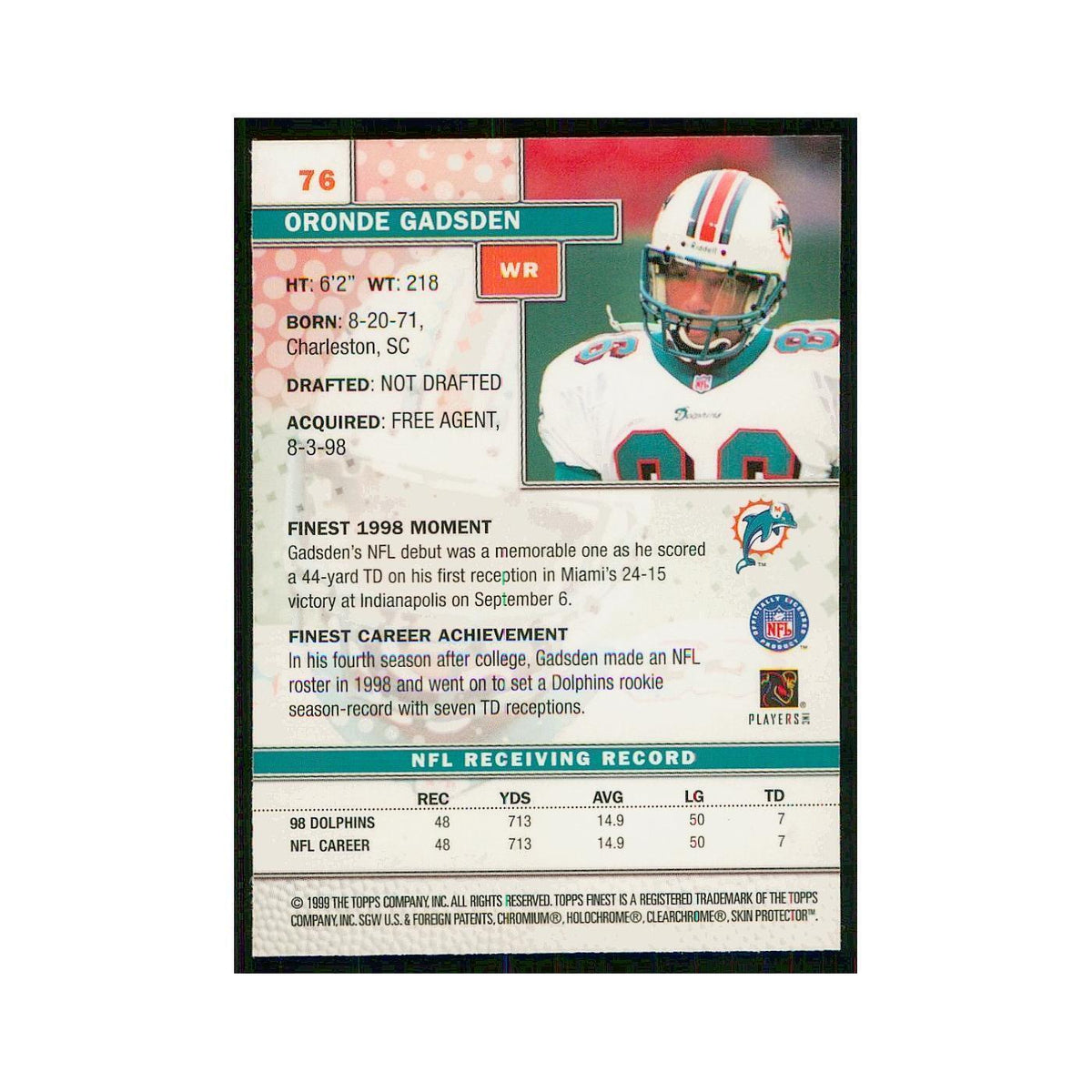 1999 Topps Finest w Coating Oronde Gadsden Dolphins #76