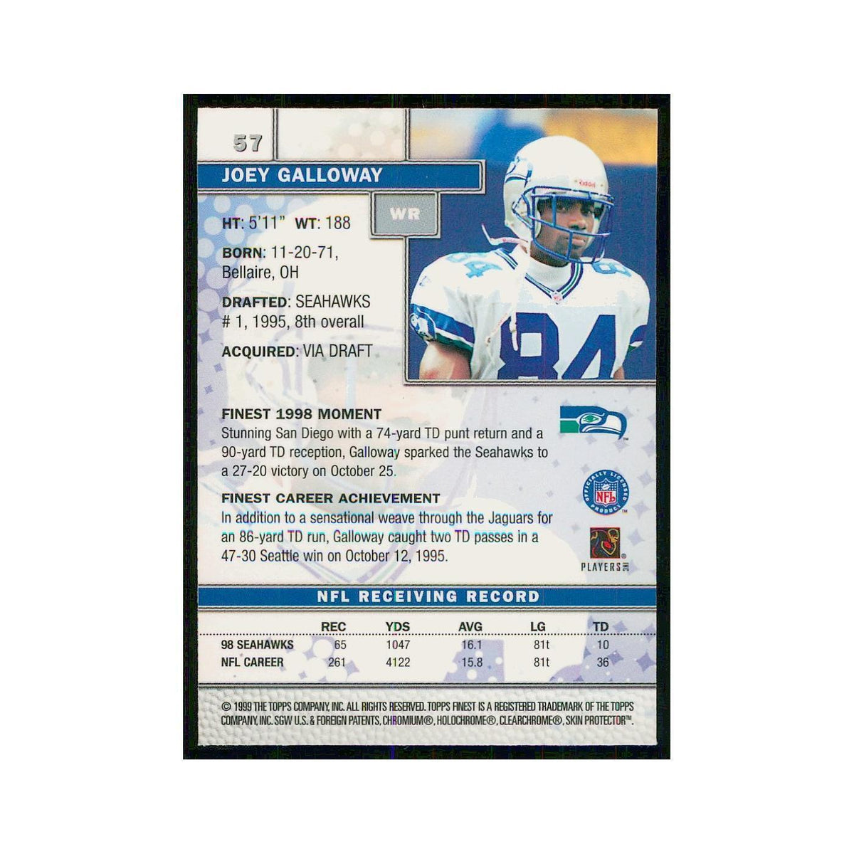 1999 Topps Finest w Coating Joey Galloway Seahawks #57