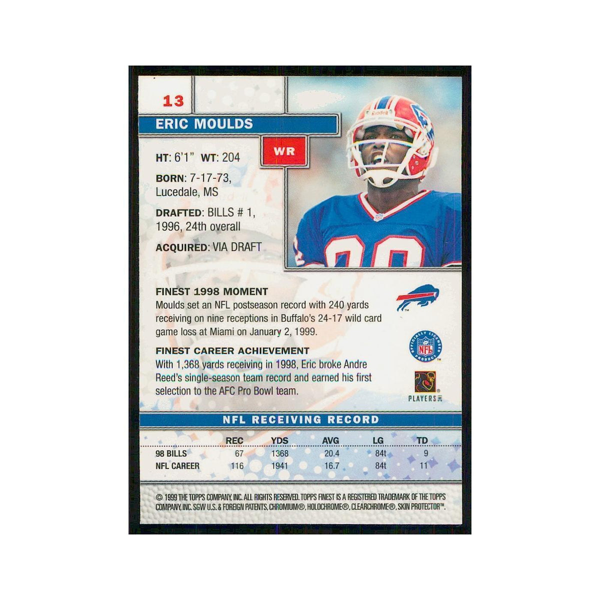 1999 Topps Finest w Coating Eric Moulds Bills #13