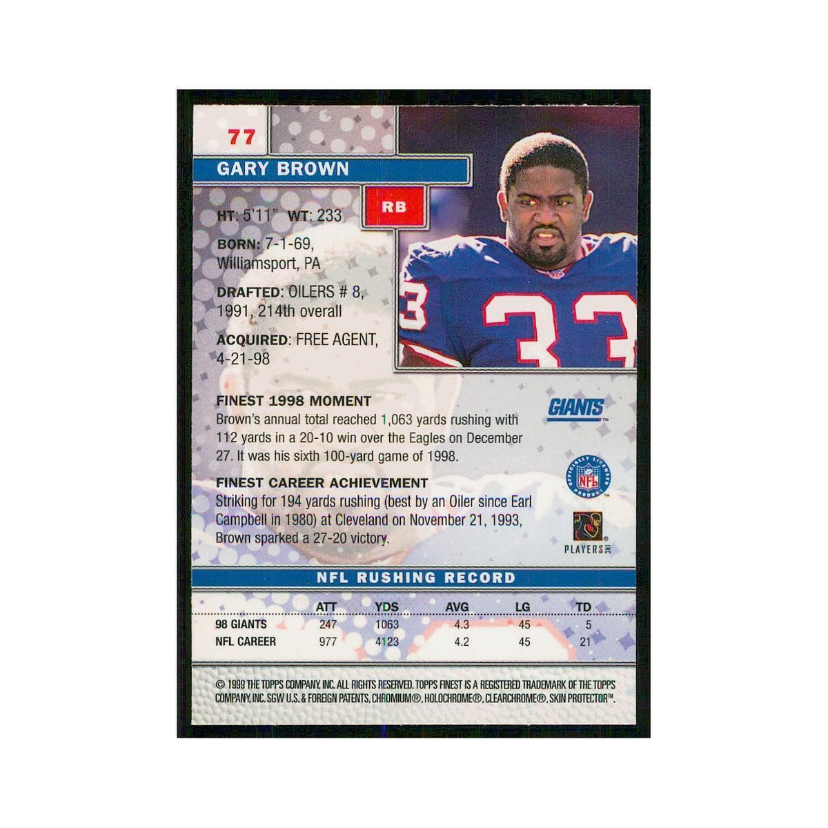 1999 Topps Finest w Coating Gary Brown Giants #77