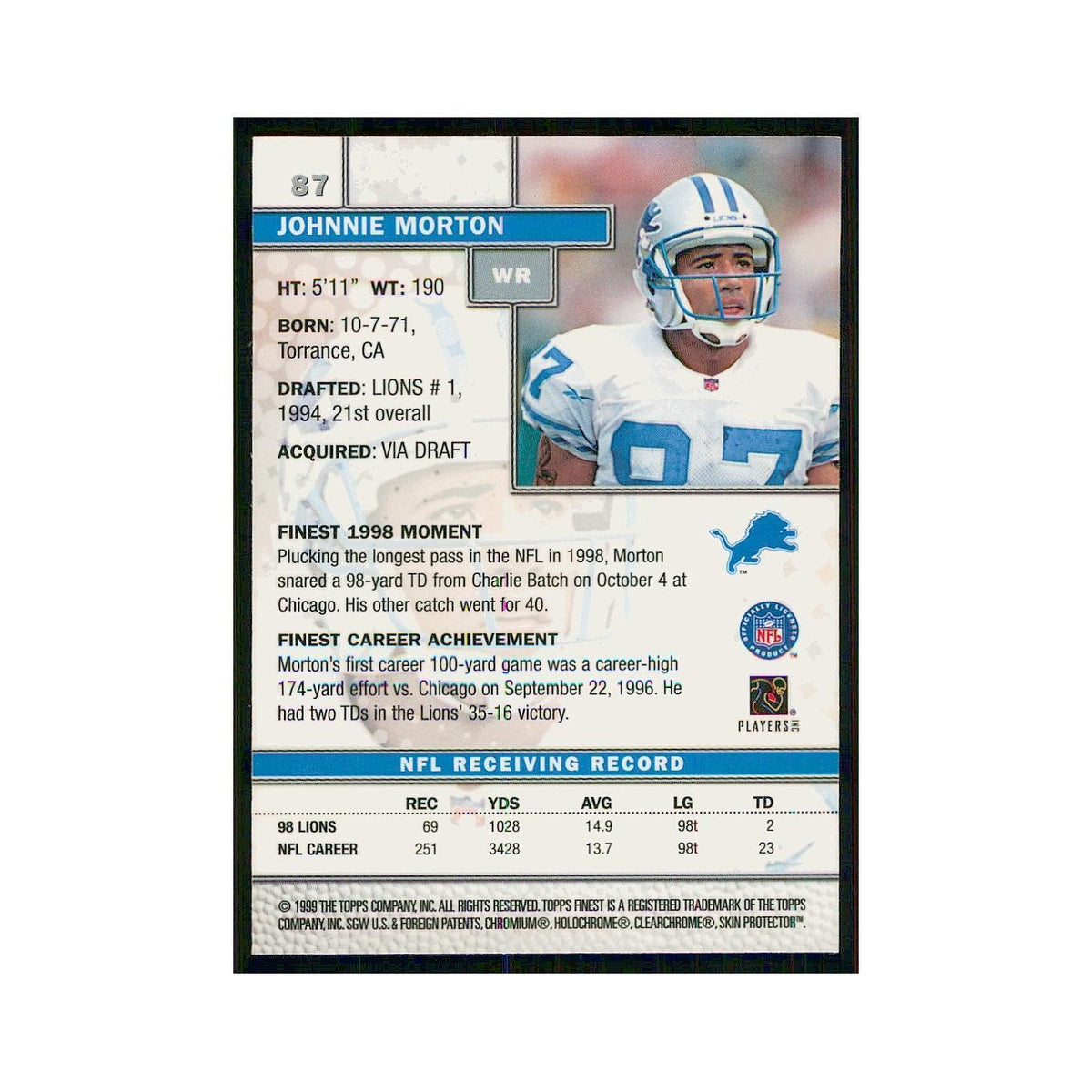 1999 Topps Finest w Coating Johnnie Morton Lions #87