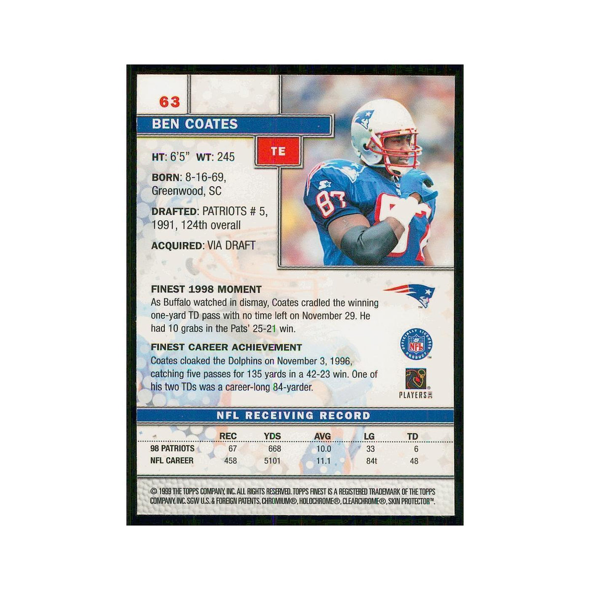1999 Topps Finest w Coating Ben Coates Patriots #63
