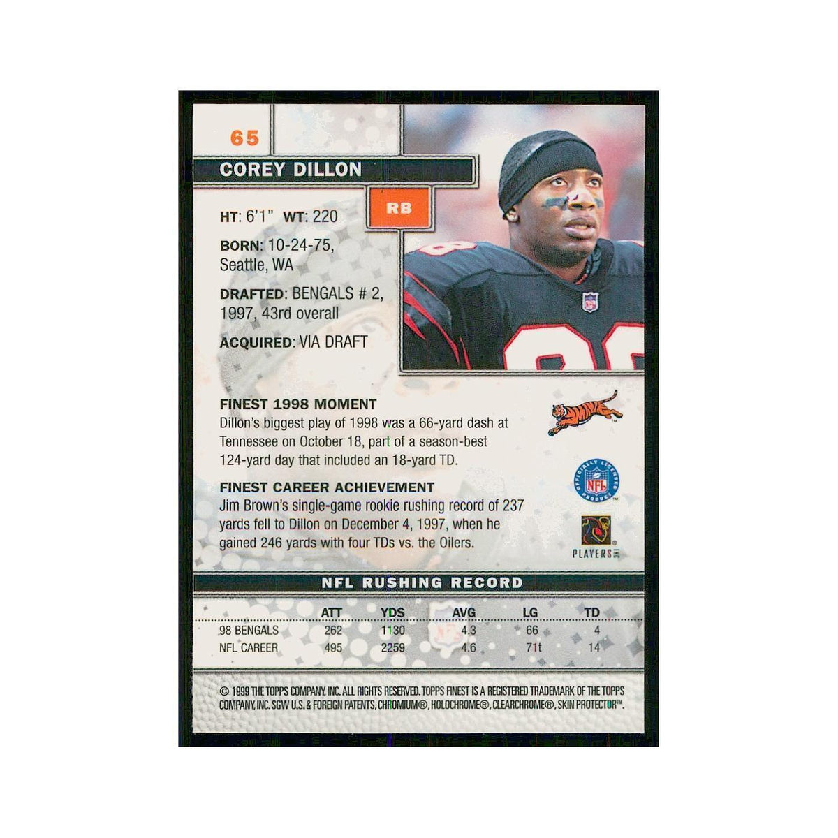 1999 Topps Finest w Coating Corey Dillon Bengals #65
