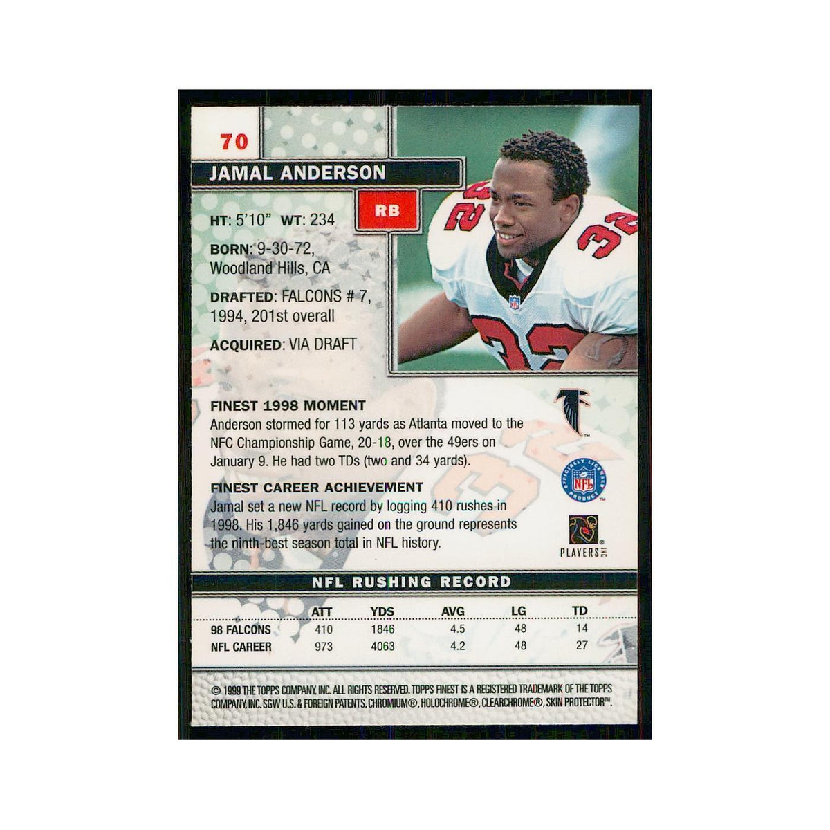 1999 Topps Finest w Coating Jamal Anderson Falcons #70