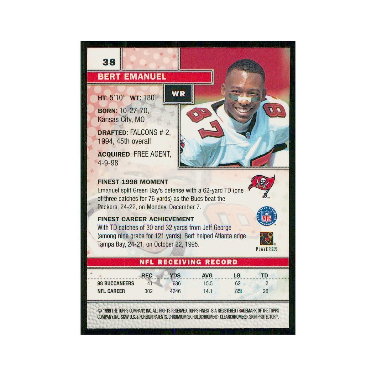 1999 Topps Finest w Coating Bert Emanuel Buccaneers #38