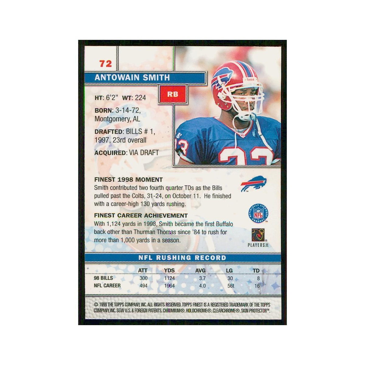 1999 Topps Finest w Coating Antowain Smith Bills #72