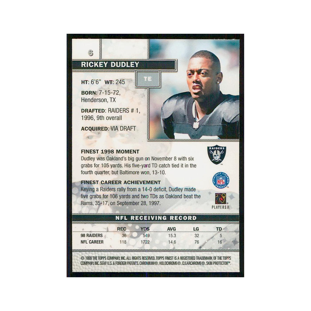 1999 Topps Finest w Coating Rickey Dudley Raiders #6