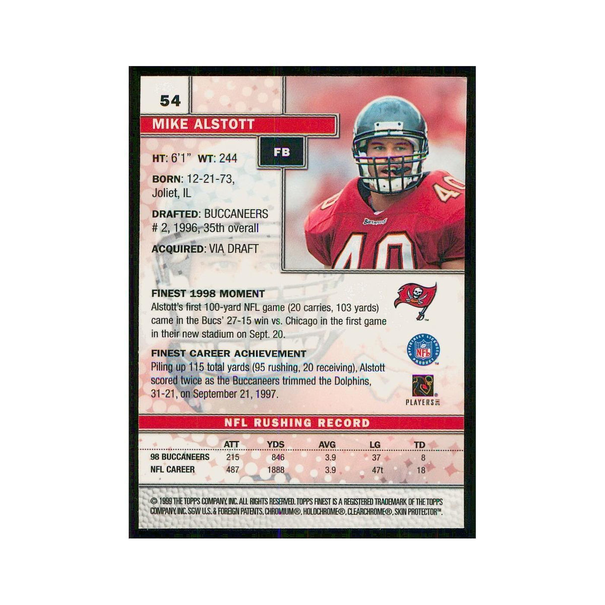 1999 Topps Finest w Coating Mike Alstott Buccaneers #54