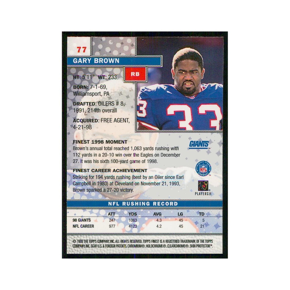 1999 Topps Finest w Coating Gary Brown Giants #77