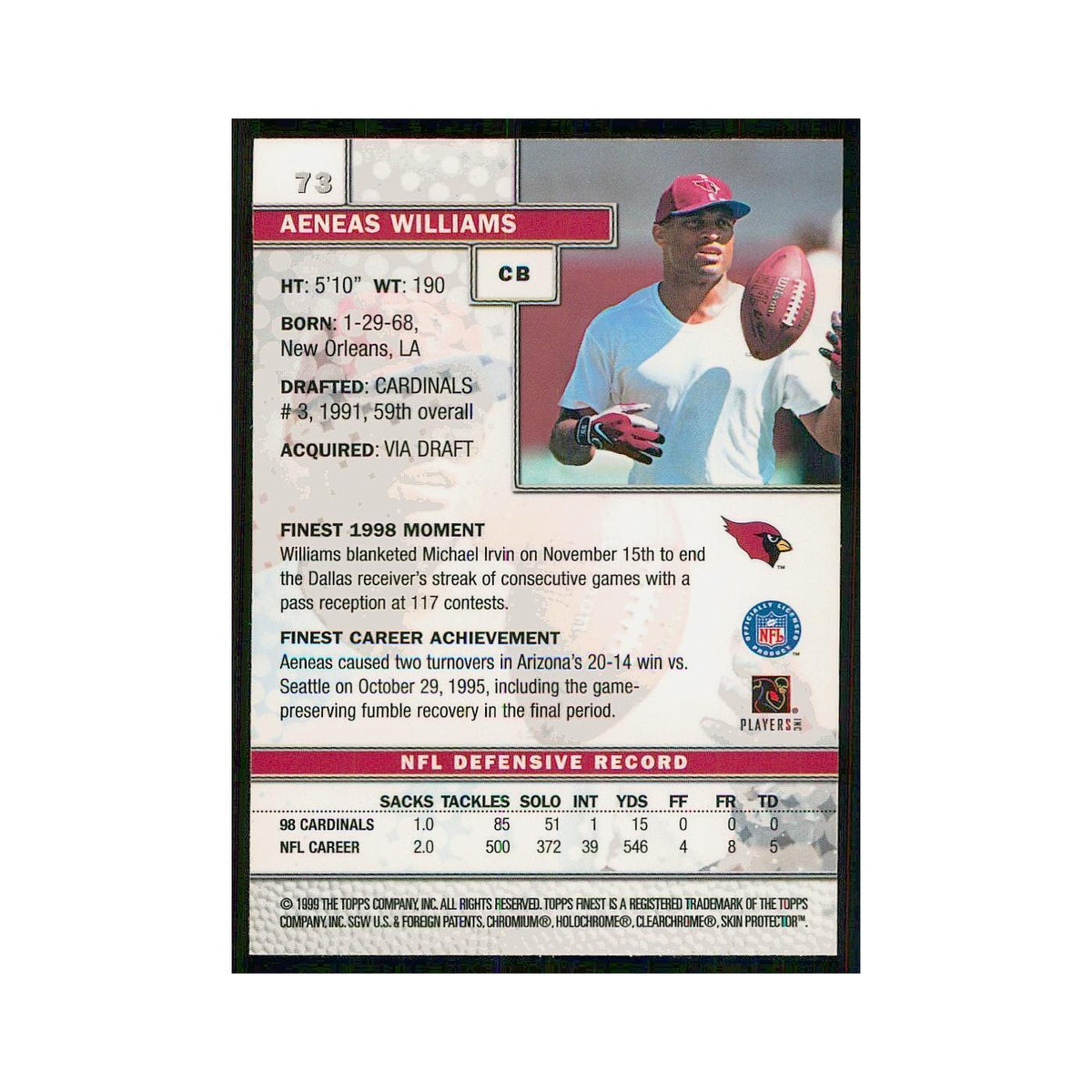 1999 Topps Finest w Coating Aeneas Williams Cardinals #73