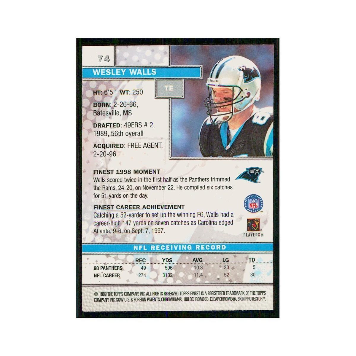 1999 Topps Finest w Coating Wesley Walls Panthers #74