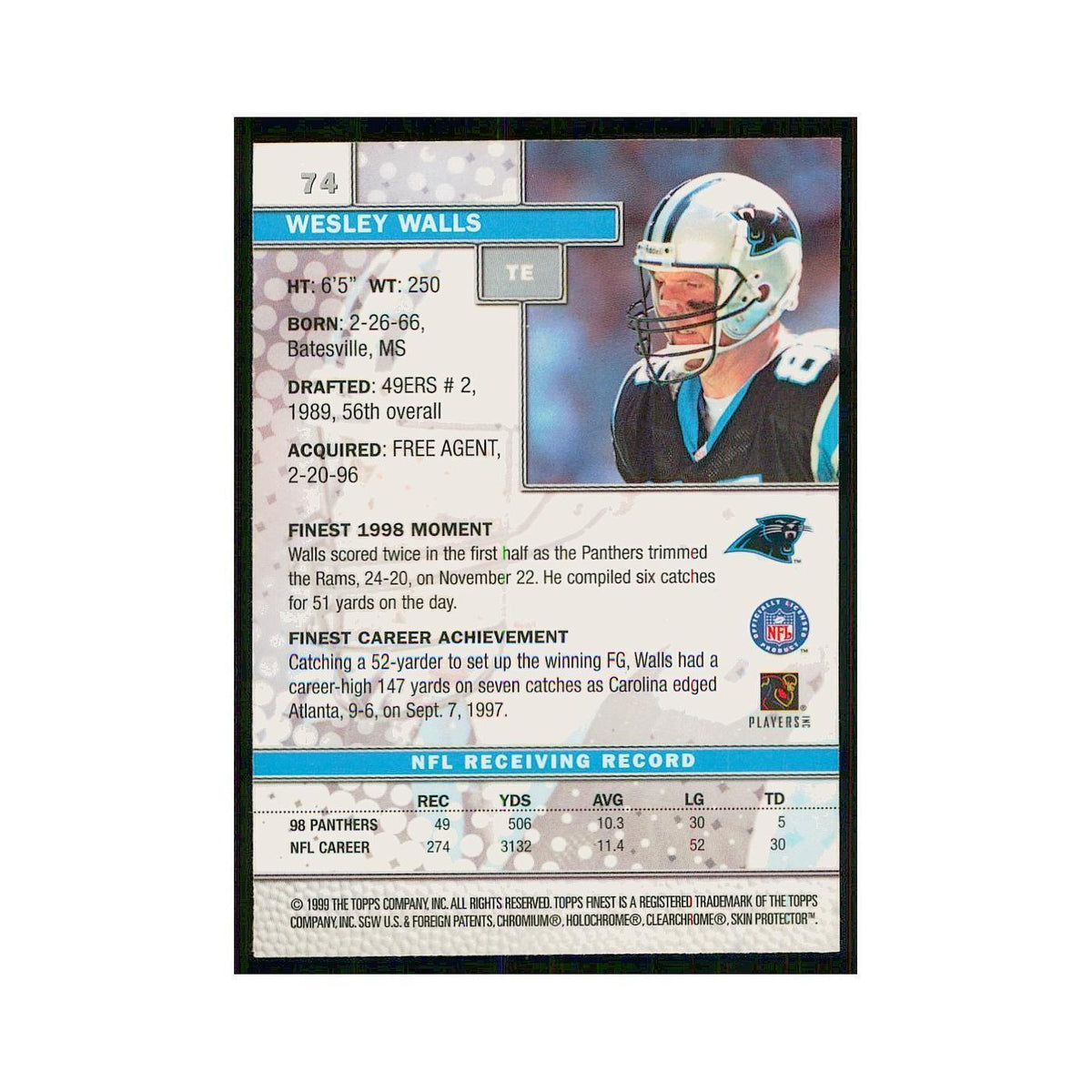 1999 Topps Finest w Coating Wesley Walls Panthers #74