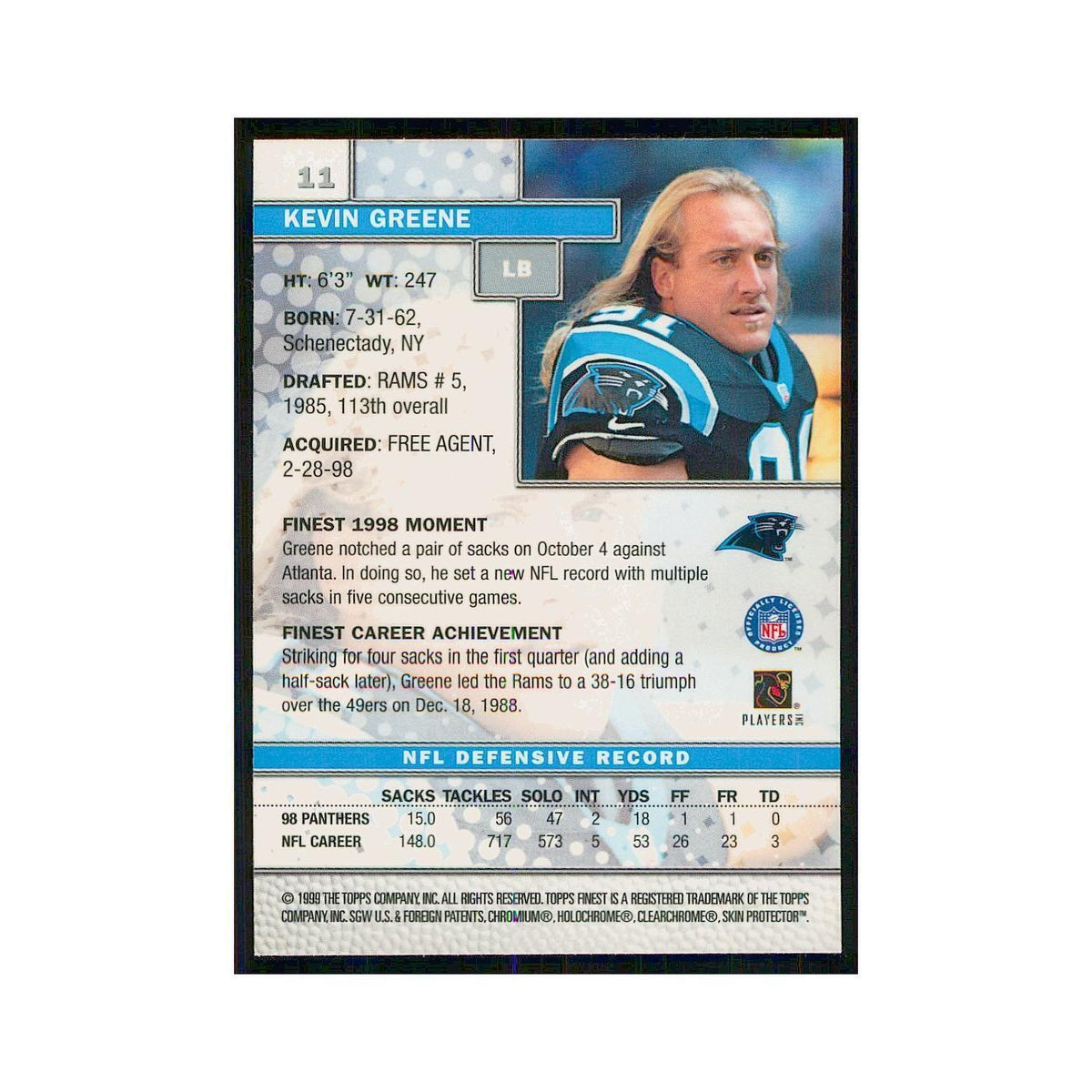 1999 Topps Finest w Coating Kevin Greene Panthers #11