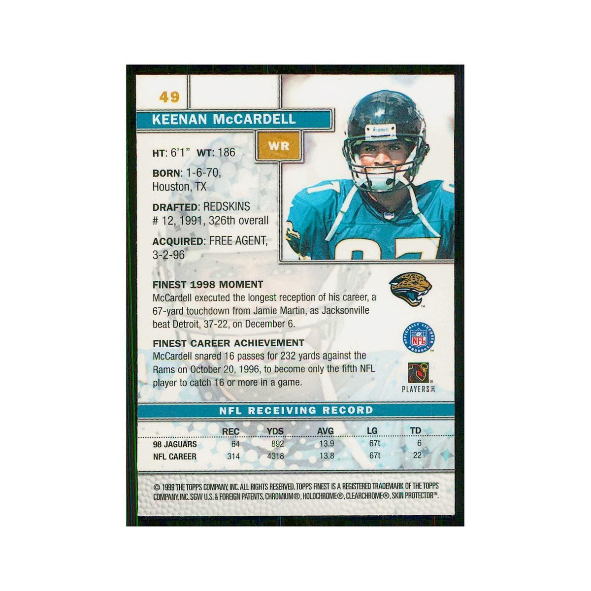 1999 Topps Finest w Coating Keenan McCardell Jaguars #49