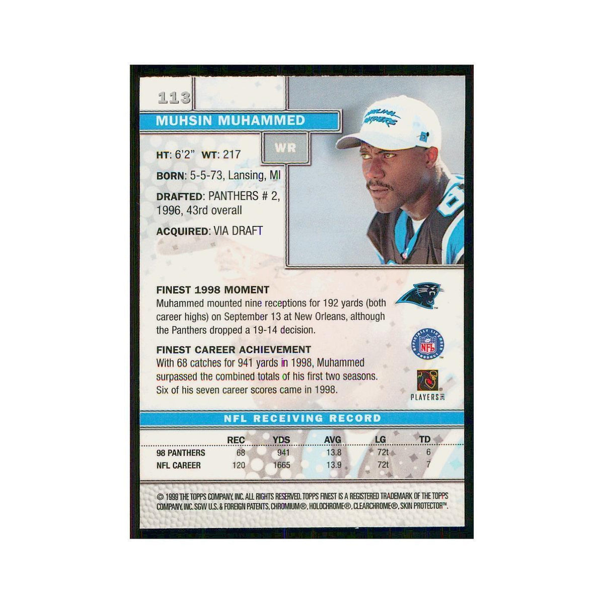 1999 Topps Finest w Coating Muhsin Muhammad Panthers #113