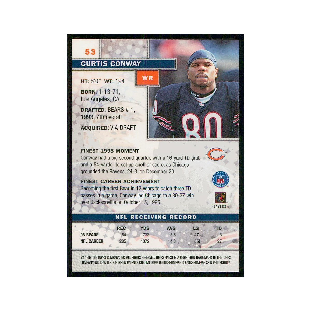 1999 Topps Finest w Coating Curtis Conway Bears #53