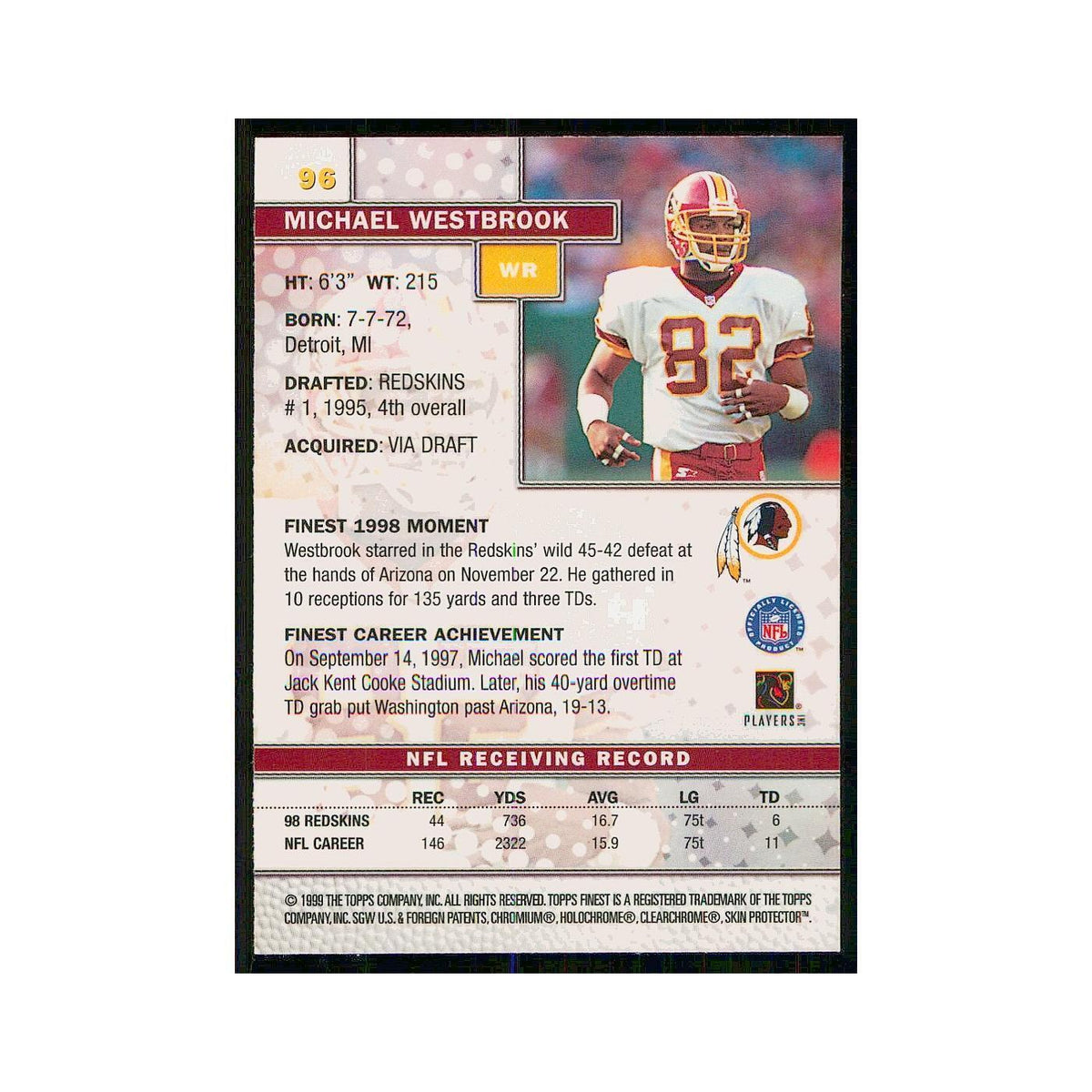 1999 Topps Finest w Coating Michael Westbrook Redskins #96