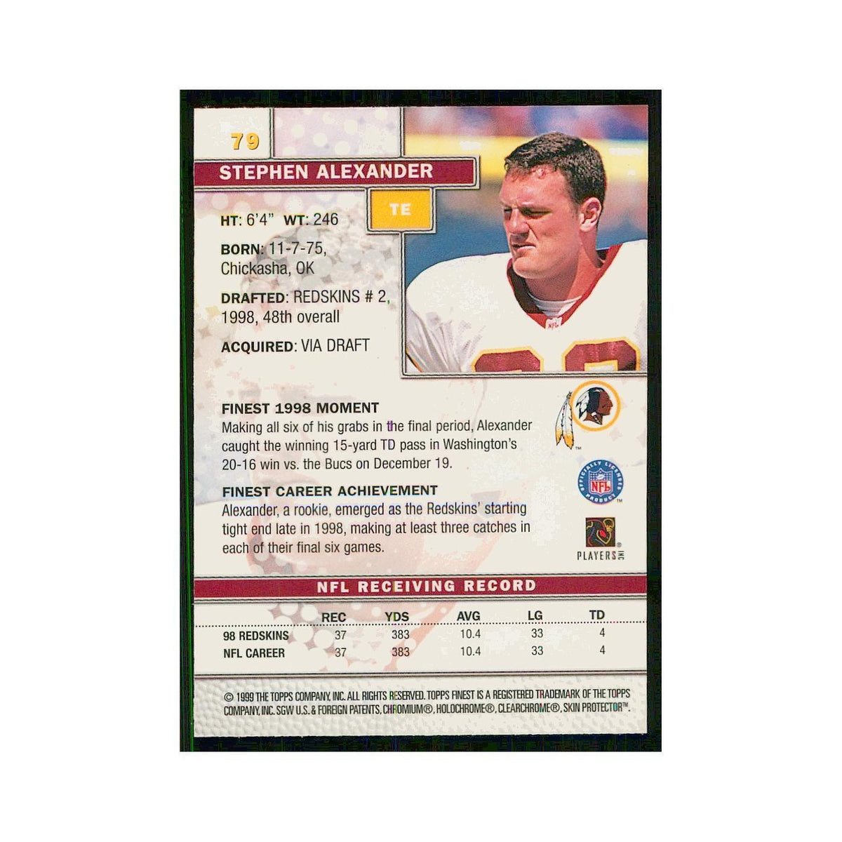 1999 Topps Finest w Coating Stephen Alexander Redskins #79