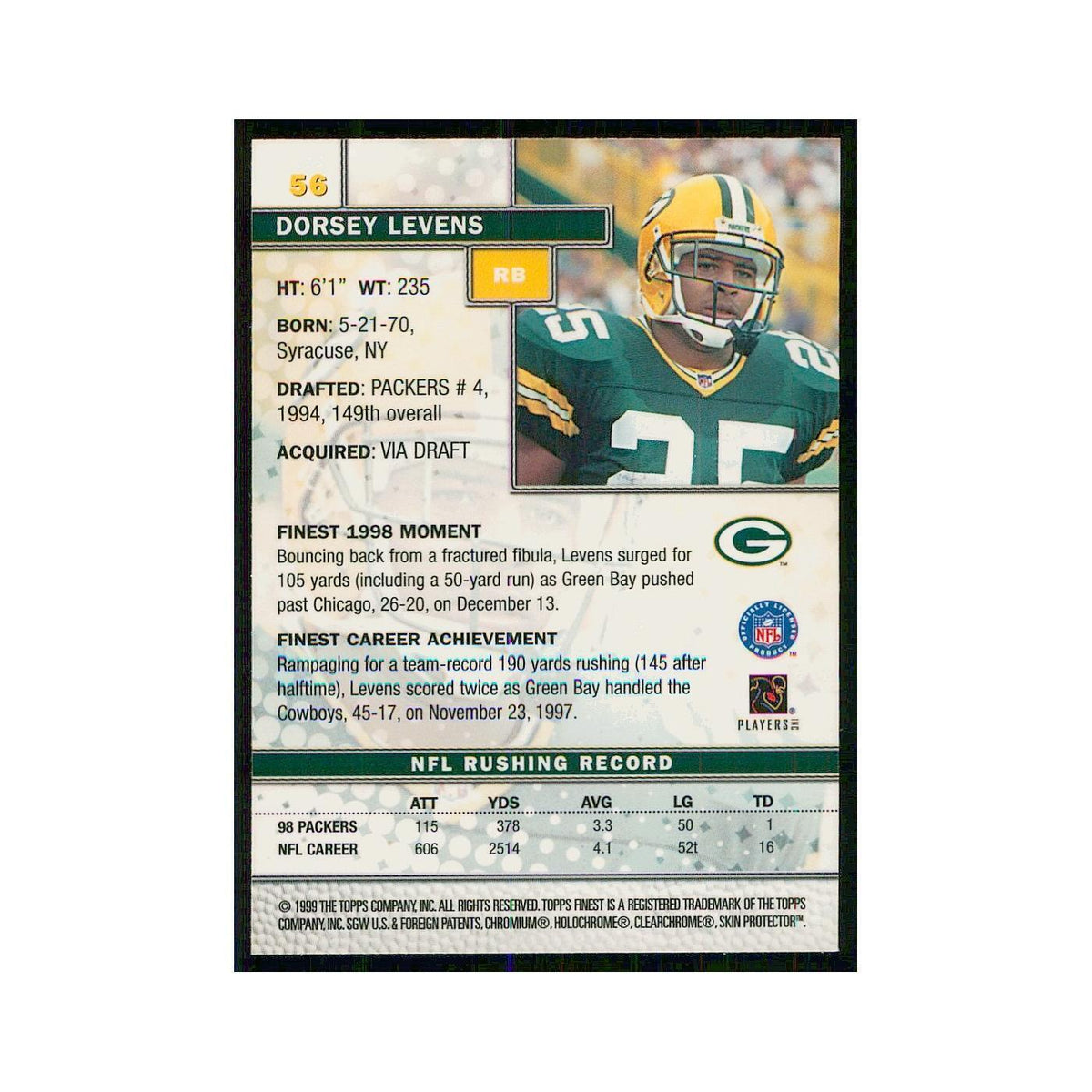 1999 Topps Finest w Coating Dorsey Levens Packers #56