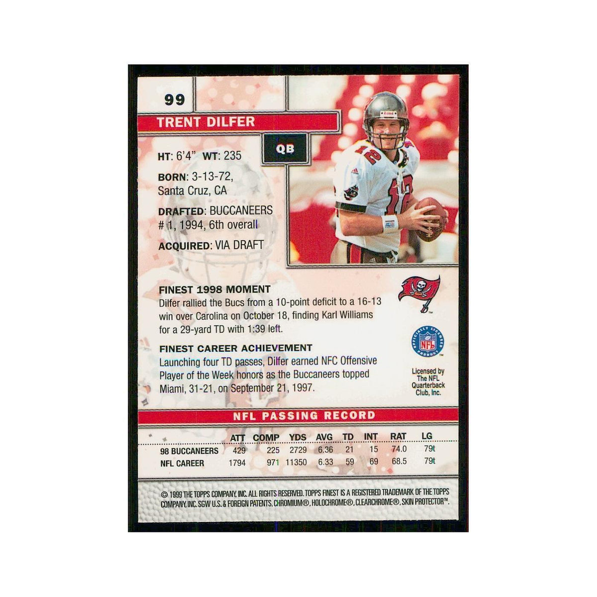 1999 Topps Finest w Coating Trent Dilfer Buccaneers #99