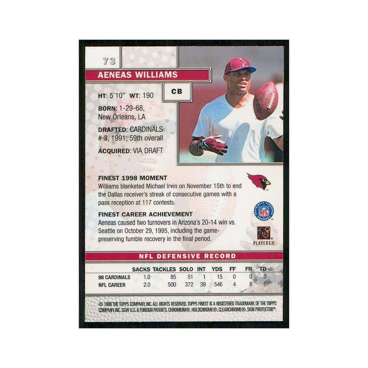 1999 Topps Finest w Coating Aeneas Williams Cardinals #73