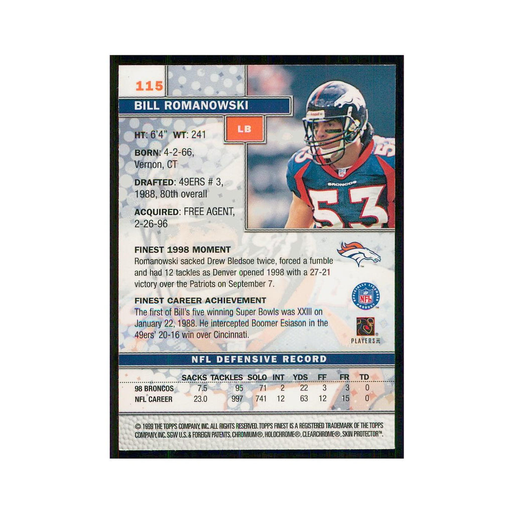 1999 Topps Finest w Coating Bill Romanowski Broncos #115