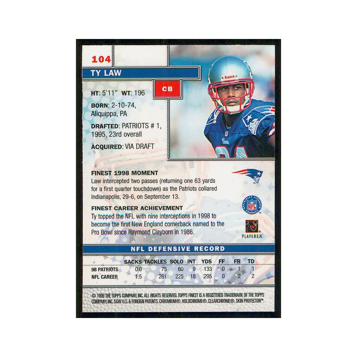 1999 Topps Finest w Coating Ty Law Patriots #104