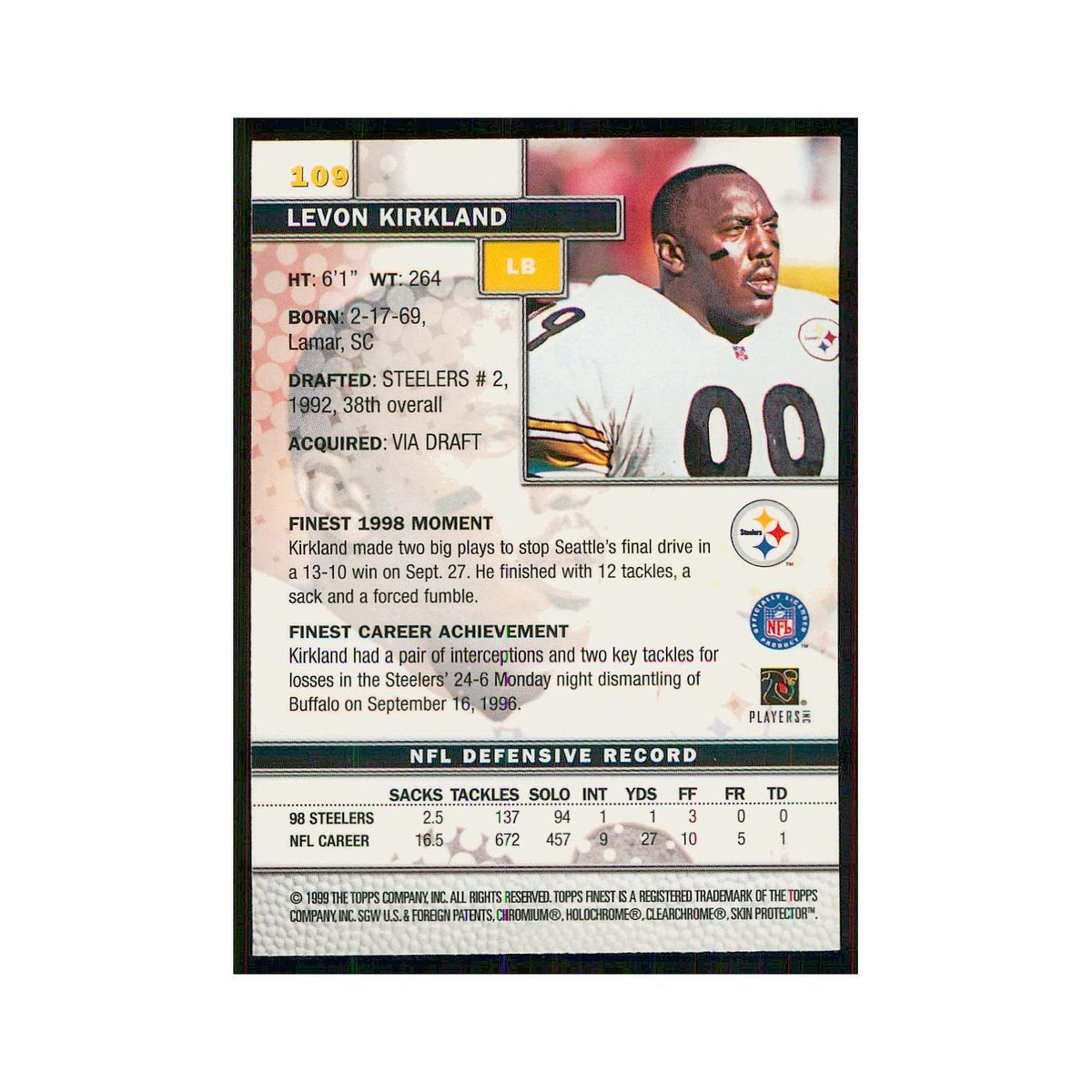 1999 Topps Finest w Coating Levon Kirkland Steelers #109