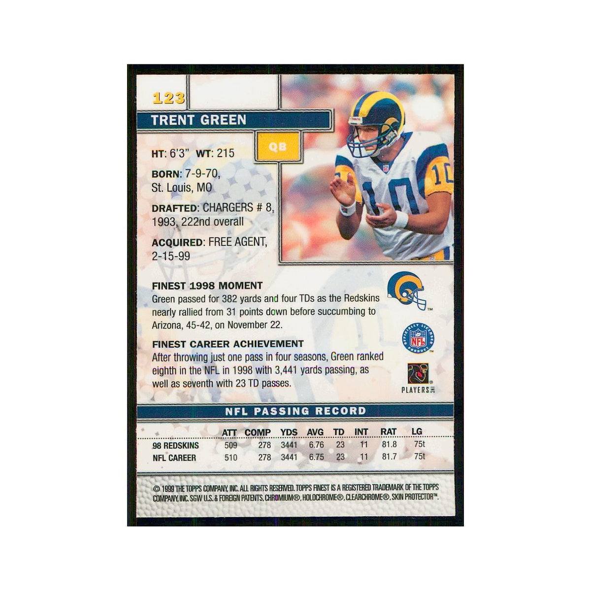 1999 Topps Finest w Coating Trent Green St. Louis Rams #123