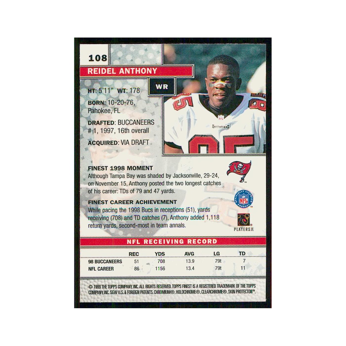 1999 Topps Finest w Coating Reidel Anthony Buccaneers #108