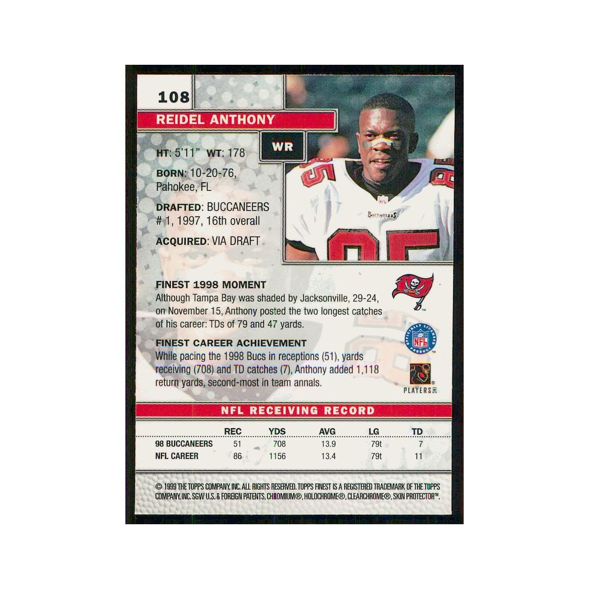 1999 Topps Finest w Coating Reidel Anthony Buccaneers #108
