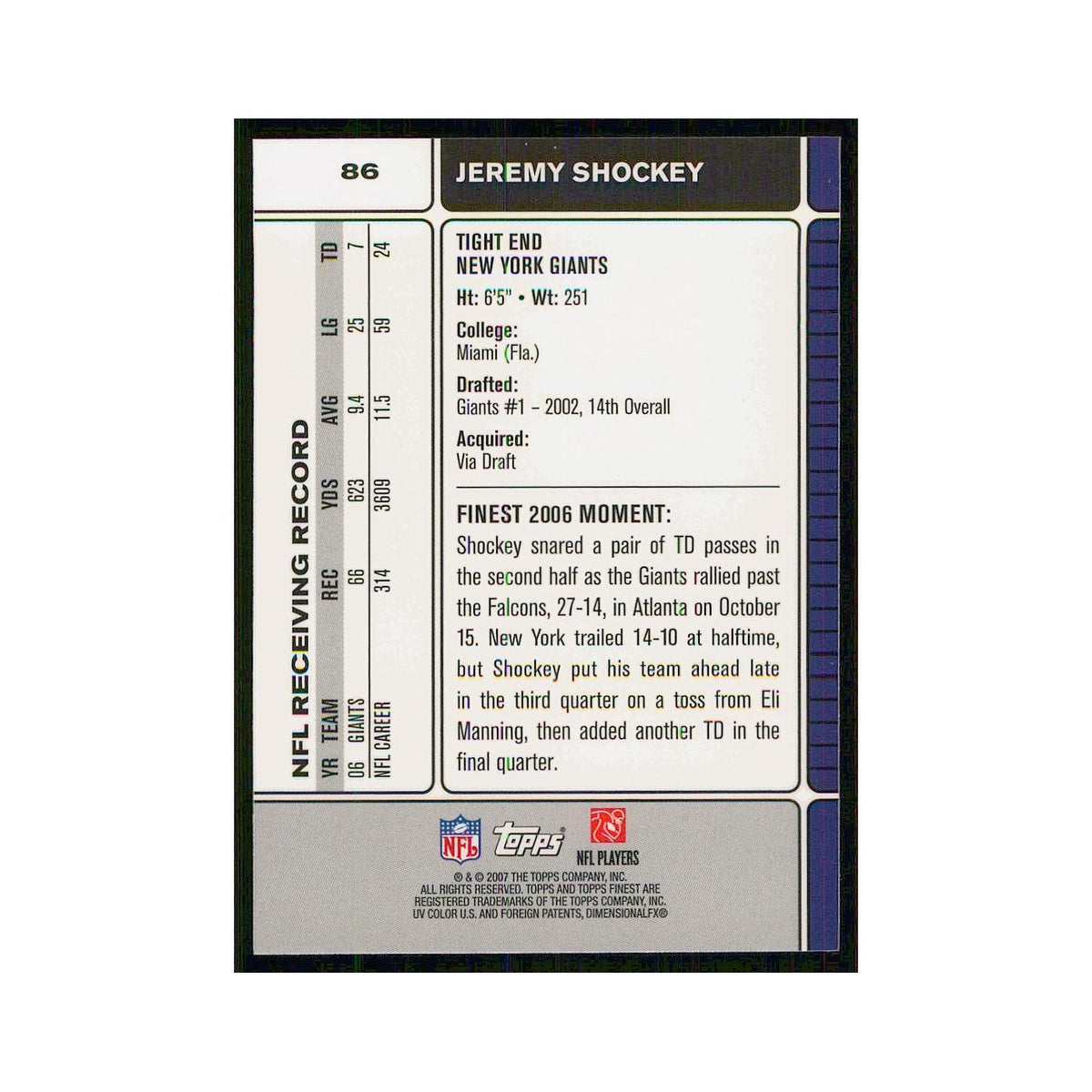 2007 Topps Finest Jeremy Shockey Giants #86