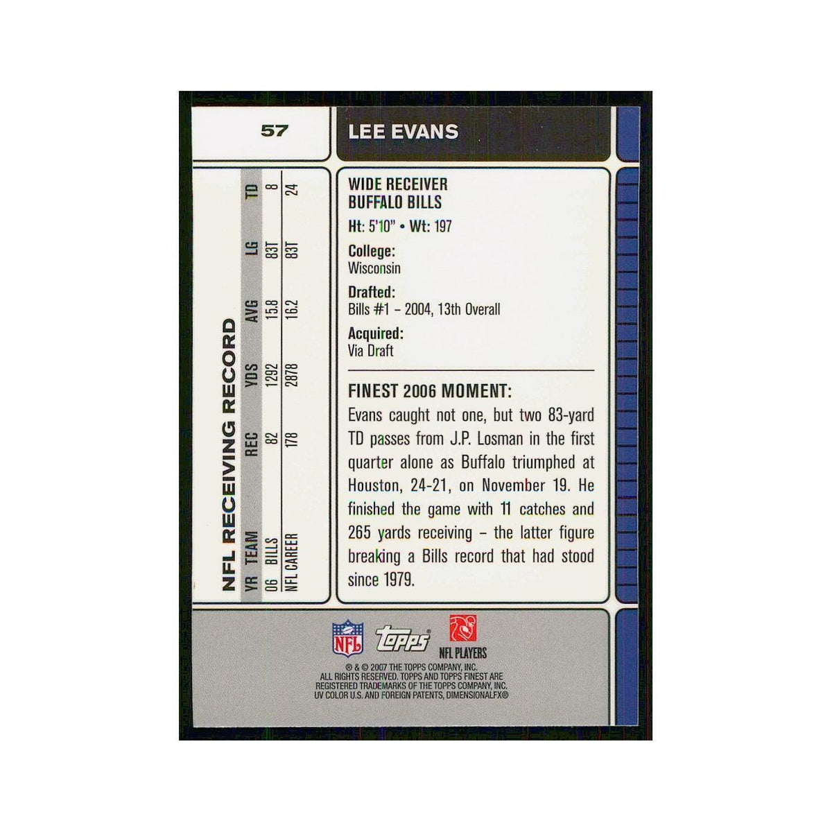 2007 Topps Finest Lee Evans Bills #57