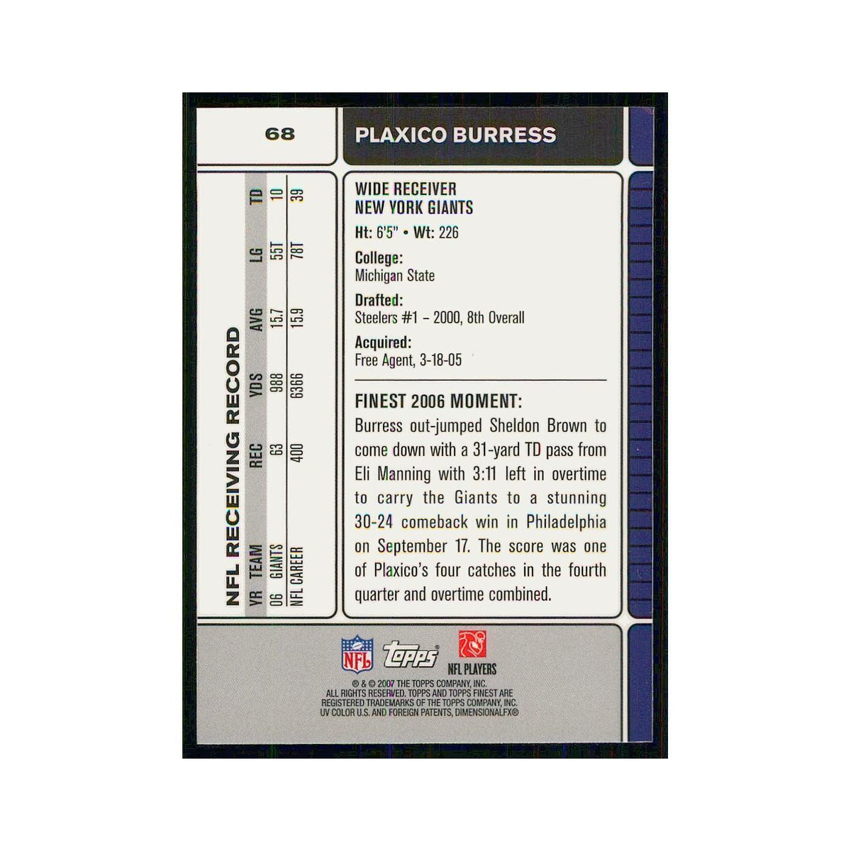 2007 Topps Finest Plaxico Burress Giants #68