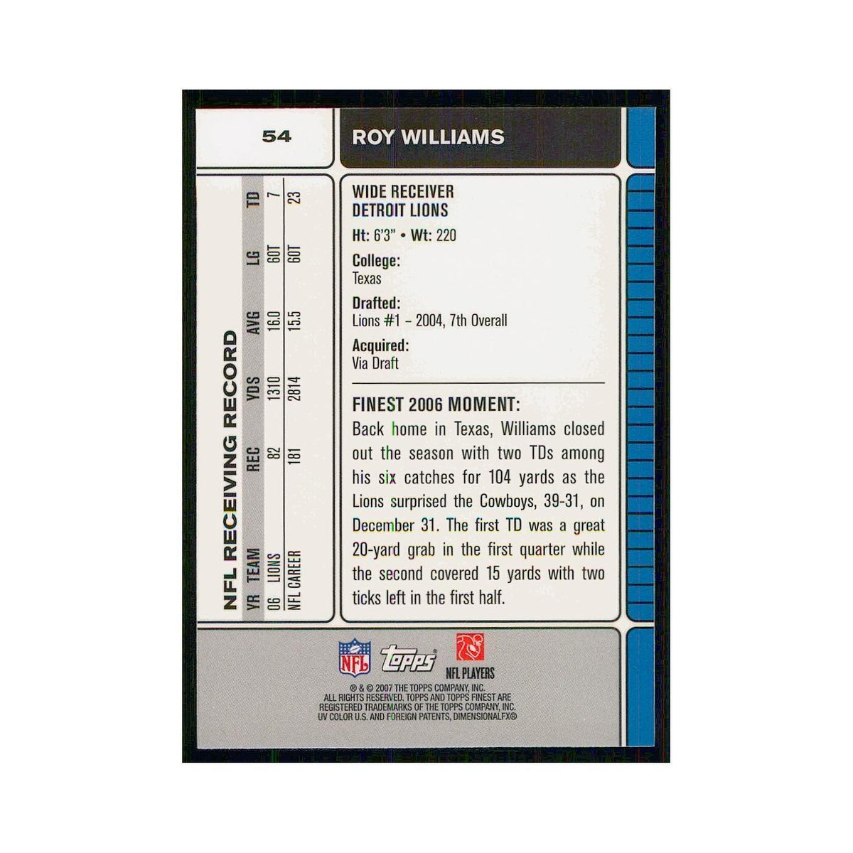2007 Topps Finest Roy Williams Lions #54