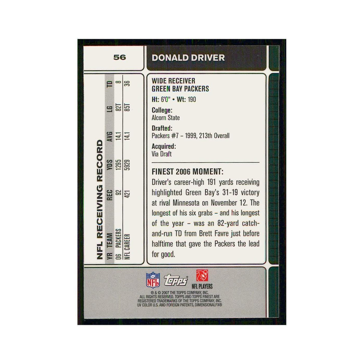 2007 Topps Finest Donald Driver Packers #56