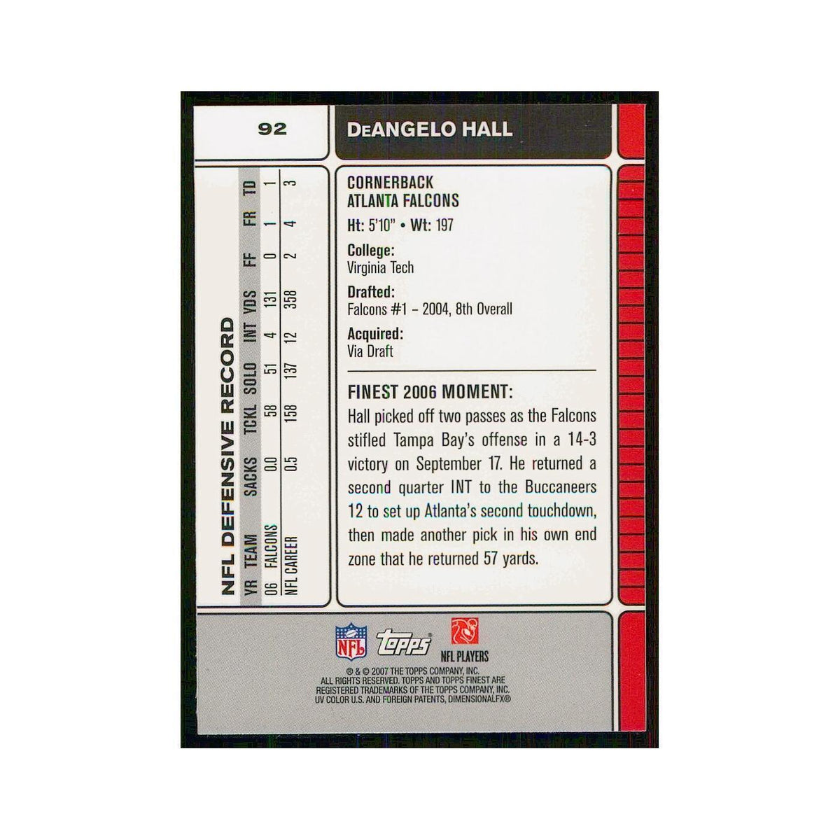 2007 Topps Finest DeAngelo Hall Falcons #92