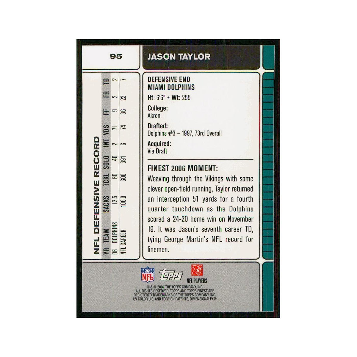 2007 Topps Finest Jason Taylor Dolphins #95