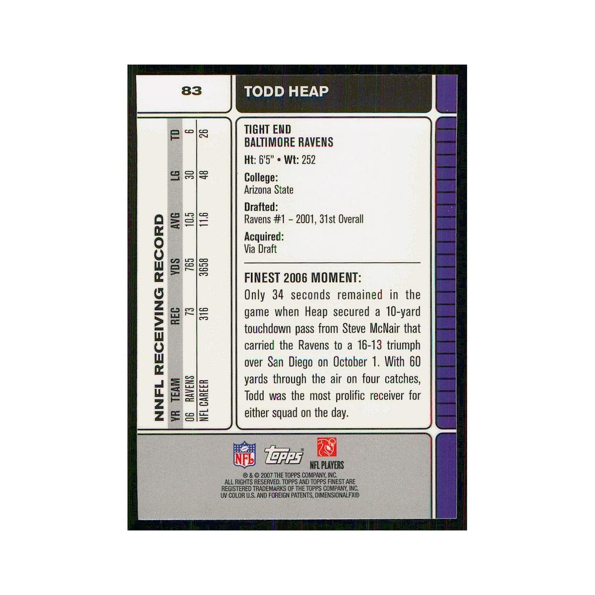 2007 Topps Finest Todd Heap Ravens #83