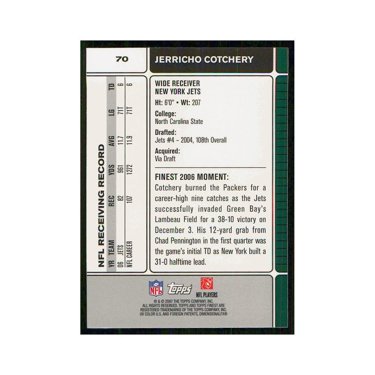 2007 Topps Finest Jerricho Cotchery Jets #70