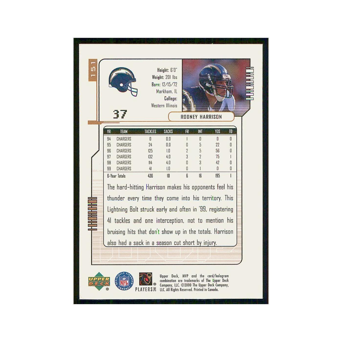 2000 Upper Deck MVP Rodney Harrison San Diego Chargers #151
