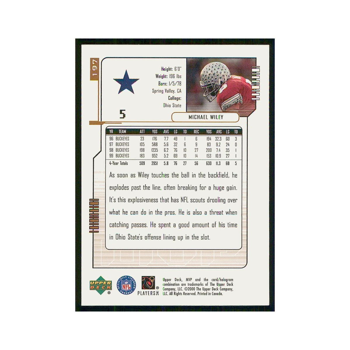 2000 Upper Deck MVP Michael Wiley RC Cowboys #197