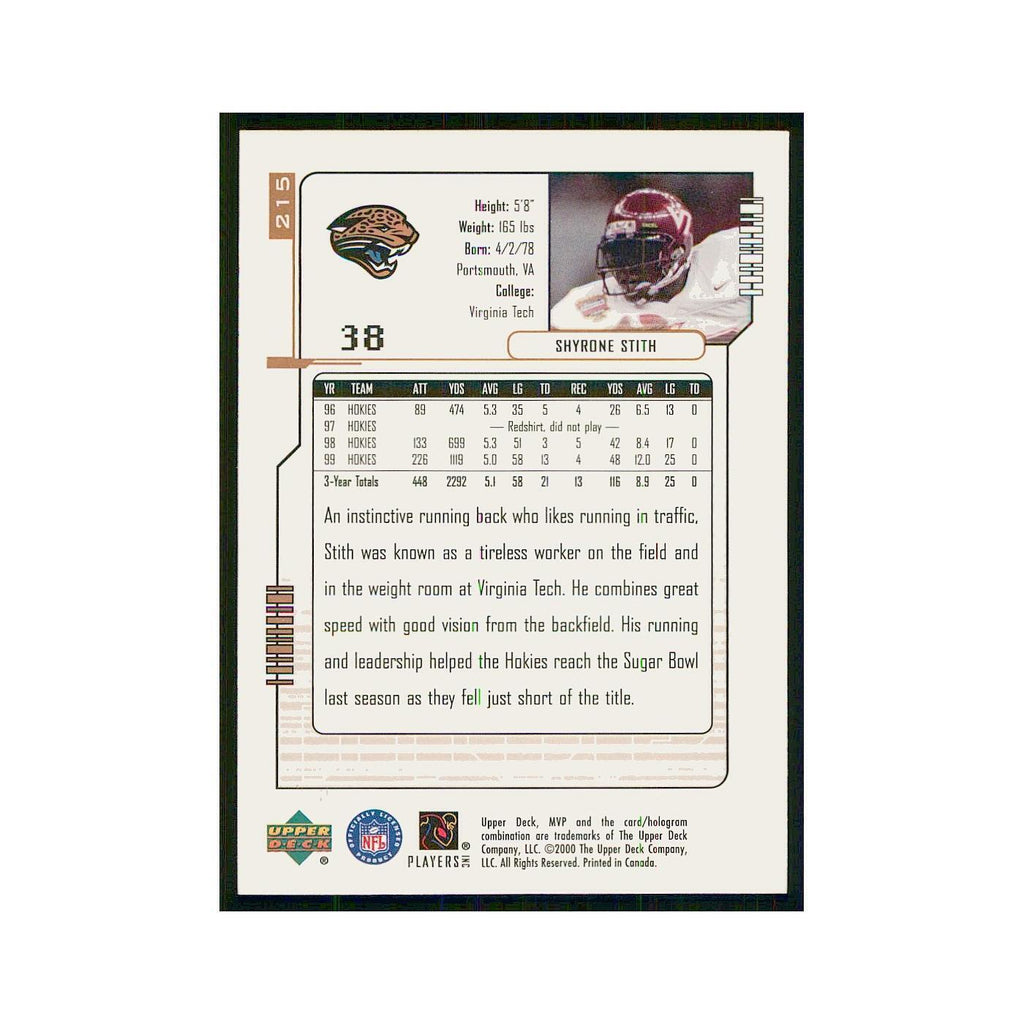 2000 Upper Deck MVP Shyrone Stith RC Jaguars #215