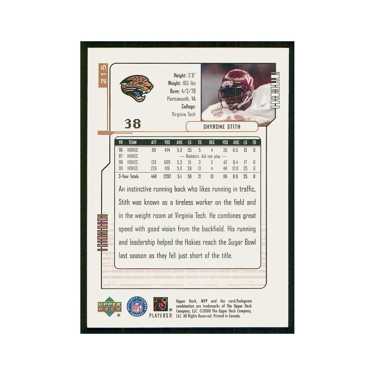 2000 Upper Deck MVP Shyrone Stith RC Jaguars #215