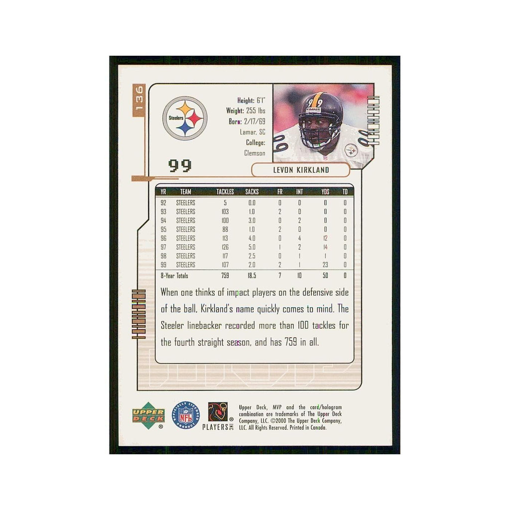 2000 Upper Deck MVP Levon Kirkland Steelers #136
