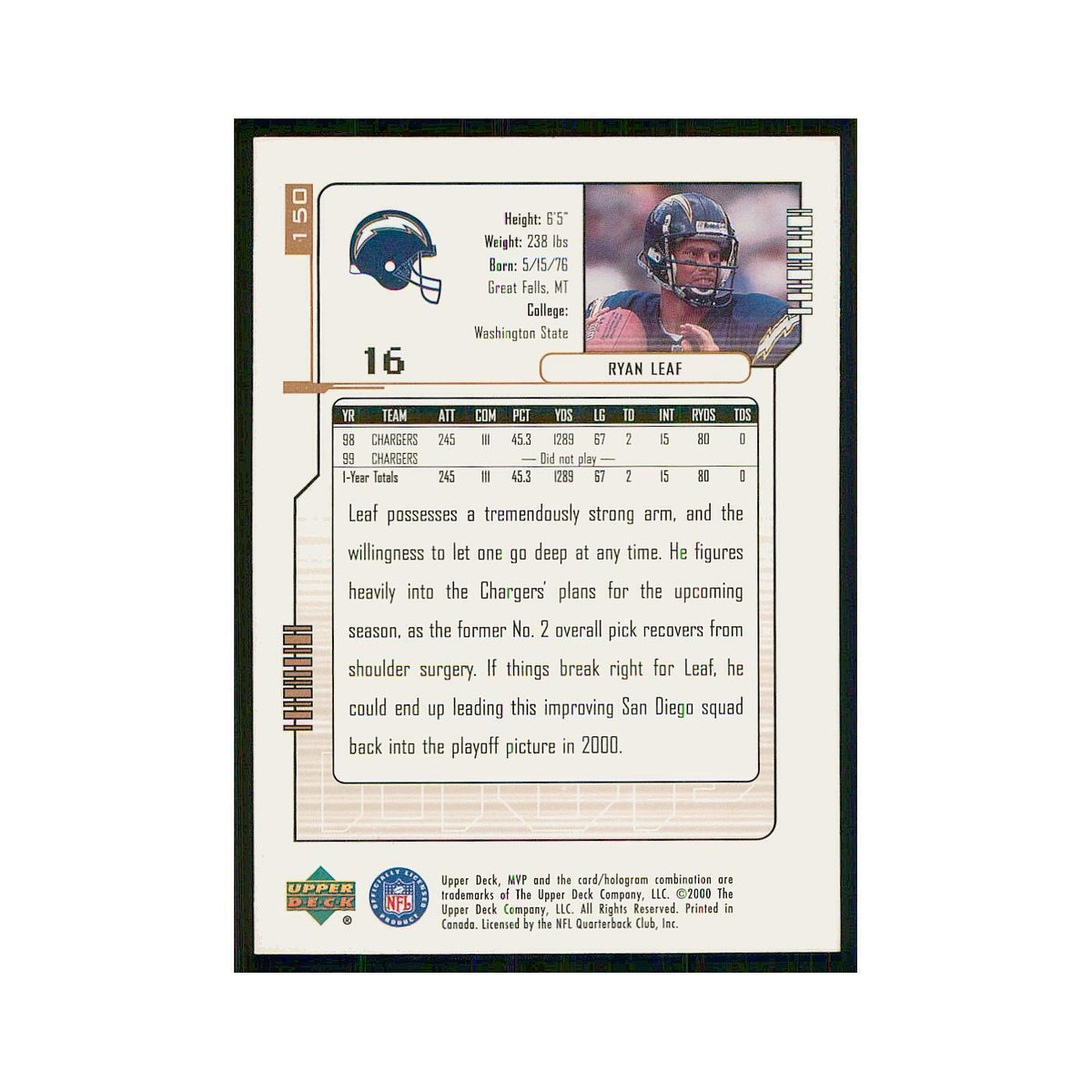 2000 Upper Deck MVP Ryan Leaf San Diego Chargers #150