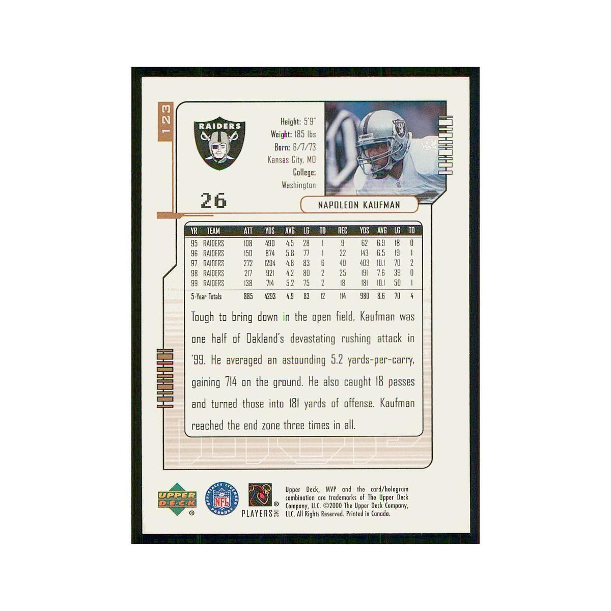 2000 Upper Deck MVP Napoleon Kaufman Raiders #123