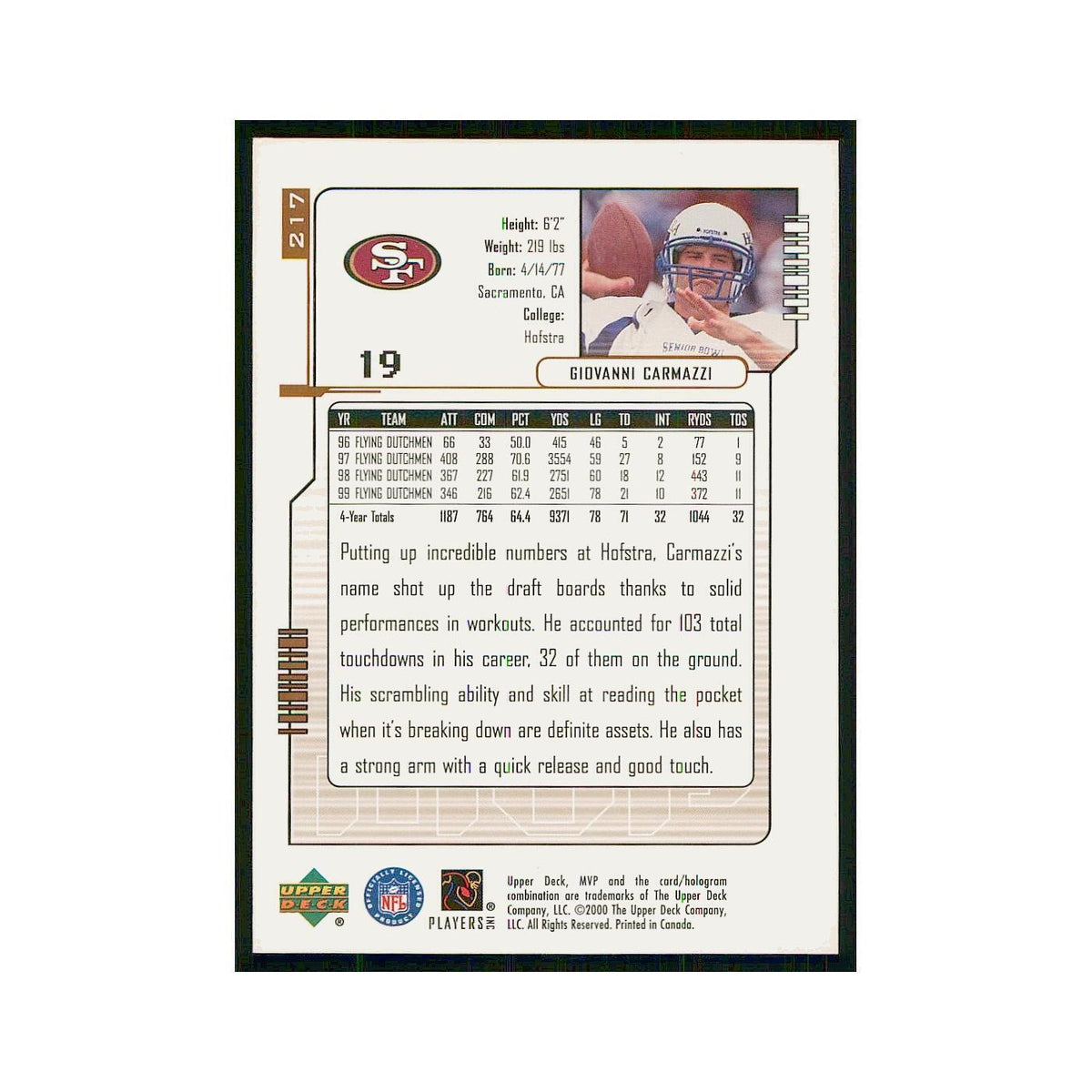 2000 Upper Deck MVP Giovanni Carmazzi RC 49ers #217